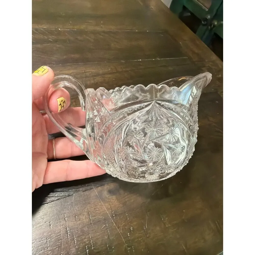 Antique ABP Cut Crystal Glass Creamer Hobstar Diamond Fan Scalloped Rim